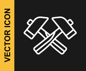 White line Crossed hammer icon isolated on black background. Tool for repair. Vector