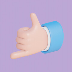 3D hand gesture of Shaka. Call me hand sign. Call hand icon, front view. Communication concept. Business clip art. Cartoon character hand gesture