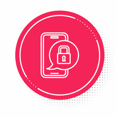 White line Smartphone with closed padlock icon isolated on white background. Phone with lock. Mobile security, safety, protection concept. Red circle button. Vector