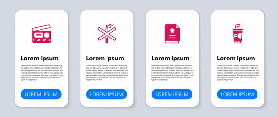 Set Paper glass with water, Scenario, No smoking and Movie clapper. Business infographic template. Vector