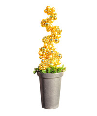 Christmas tree made entirely of golden baubles in pot isolated on white background. Xmas decoration of shiny gold balls in vase cutout