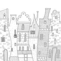 Cute city street with cafe and houses. Hand drawn coloring page.