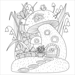 Mushroom house with grass, flowers, fence and watering can. Hand drawn coloring page.
