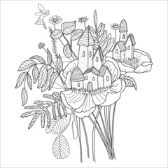House on the flowers  with grass, fairy and leaves. Hand drawn coloring page.