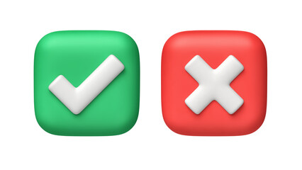 Tick and cross icon. Green and red buttons isolated on white