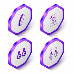 Set Isometric Wedding ring, Certificate of the diamond, Earrings and icon. Purple hexagon button. Vector