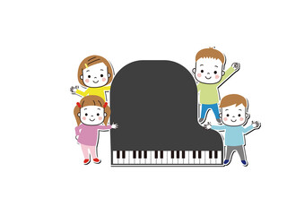 Obraz na płótnie Canvas グランドピアノを囲む4人の子どもたち　白フチ　影付き