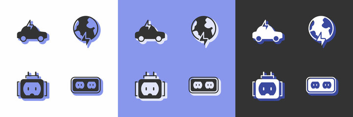 Set Electrical outlet, car, Tee plug electric and Global planet with thunderbolt icon. Vector