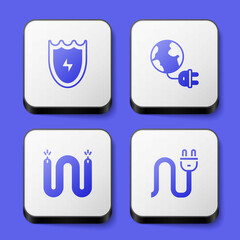 Set Lightning and shield, Global energy planet with plug, Electric cable and icon. White square button. Vector