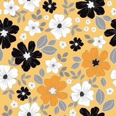 Seamless vintage pattern. White, yellow and black flowers. Gray leaves. Yellow background. vector texture. fashionable print for textiles, wallpaper and packaging.