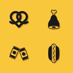 Set Pretzel, Hotdog sandwich, Beer can and Chicken leg icon with long shadow. Vector