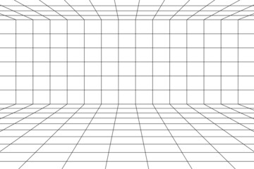 3D digital grid of ceiling, wall and floor of room space with one point perspective
