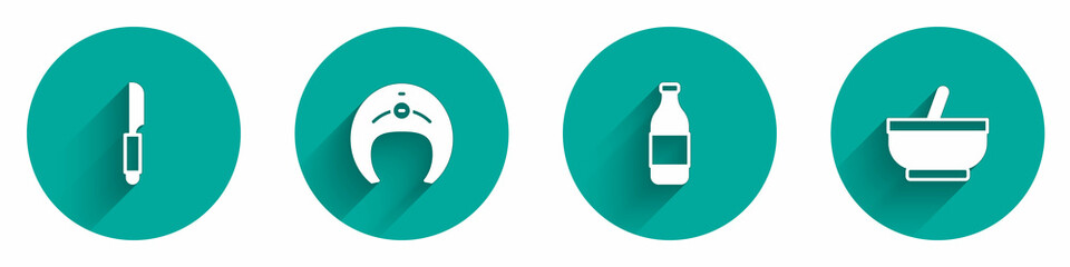 Set Knife, Fish steak, Bottle of wine and Mortar and pestle icon with long shadow. Vector