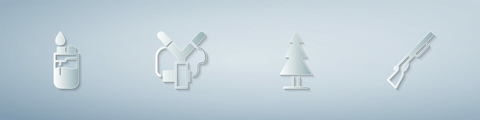 Fototapeta premium Set Lighter, Slingshot, Tree and Hunting gun. Paper art style. Vector
