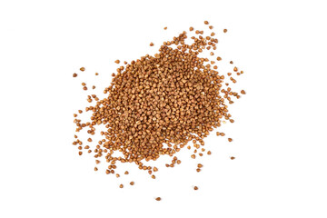 Buckwheat grains in a sack, isolated on white background.