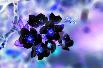 neon bee on a black flower on a tree.