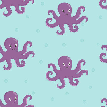 Cute octopus character seamless pattern. Underwater world. Flat vector illustration