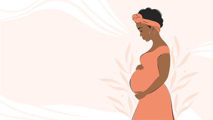 Banner about pregnancy and motherhood with place for text. Pregnant african woman, future mom hugging belly with arms. Vector illustration.