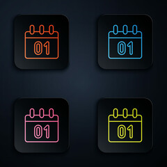 Color neon line Calendar icon isolated on black background. Event reminder symbol. Merry Christmas and Happy New Year. Set icons in square buttons. Vector