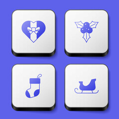 Set Gift box, Branch viburnum, Christmas stocking and santa claus sleigh icon. White square button. Vector