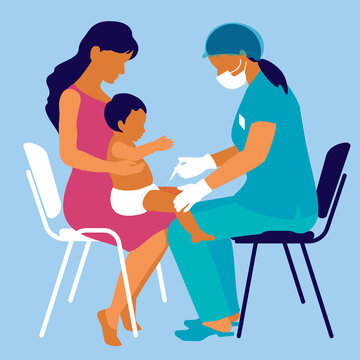 A nurse in a mask in a medical suit, gloves, mask makes an injection of a vaccine for immunization to a child. Protection against the spread of the virus. Mom is holding a baby. Checkup concept. 