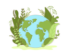 Planey Earth in green leaves - ecology concept