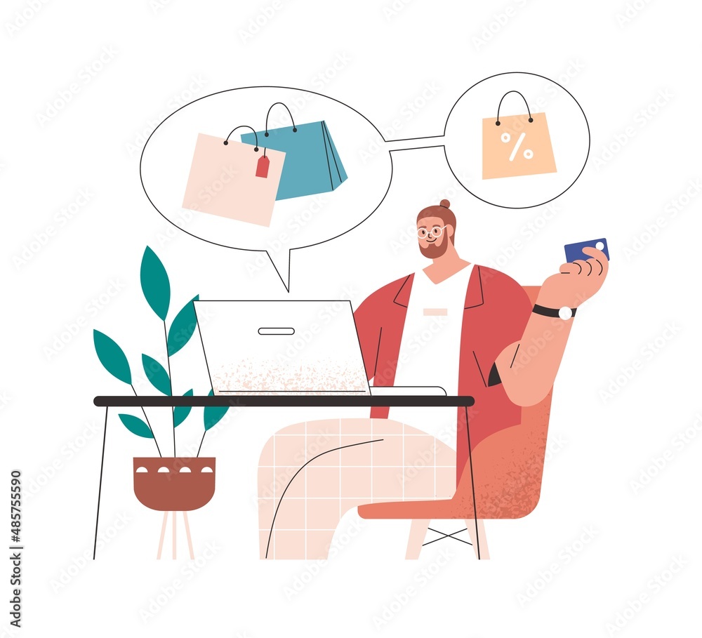 Poster man doing shopping online, buying on sale through internet. buyer with card at laptop computer. cust