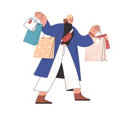 Woman walking with many shopping bags. Fashion buyer with lot of purchases in hands. Female shopper after sale. Customer going, holding packs. Flat vector illustration isolated on white background