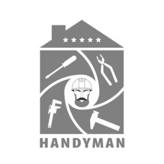Professional handyman services. Portrait of a handyman in a construction helmet.  House silhouette with tools icons. Vector banner template for your web site design, app, UI. EPS10.