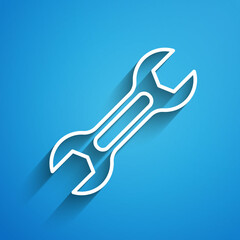 White line Wrench spanner icon isolated on blue background. Long shadow. Vector