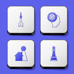 Set Dart arrow, Game dice, Chip for board game and Chess icon. White square button. Vector