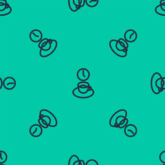 Blue line Coffee time icon isolated seamless pattern on green background. Vector