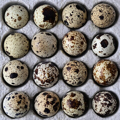 quail eggs in cardboard packaging on wooden background. The idea of healthy breakfast, symbol of Easter. Close-up. Top view