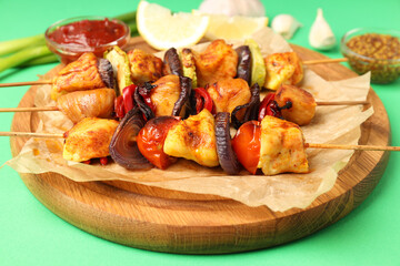 Concept of tasty food with chicken shashlik on green background