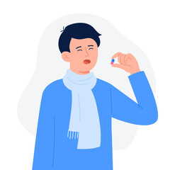 A young man drinks a pill. Cartoon character standing and holding pill capsule painkiller or vitamin medication. Medical drugs and vitamin concept. Vector flat colorful illustration.