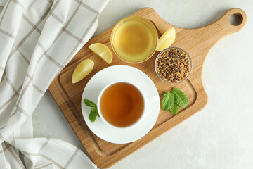 Concept of hot drink with buckwheat tea, top view