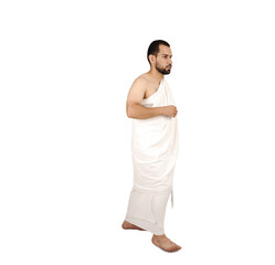 muslim pilgrim in white traditional clothes , high quality