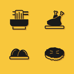 Set Asian noodles in bowl, Homemade pie, Sushi and Roasted turkey or chicken icon with long shadow. Vector