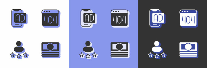 Set Stacks paper money cash, Advertising, Consumer product rating and Page with 404 error icon. Vector