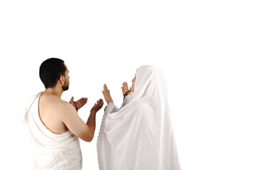 muslim pilgrim in white traditional clothes , high quality