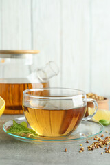 Concept of hot drink with buckwheat tea, close up