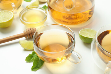 Concept of hot drink with buckwheat tea, close up