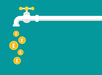 Tap or faucet with pound sterling coins. Money resource, passive income concept.