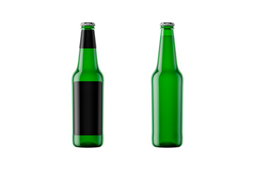 Green beer bottle with empty label mockup isolated on white background. 3d rendering.