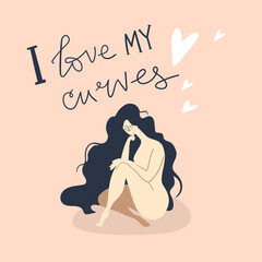 I love my curves. Beautiful naked woman sit in the floor.
