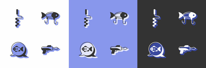 Set Fishing harpoon, Hand ice drill, and lure icon. Vector