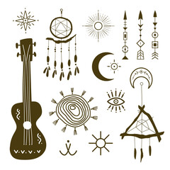Boho tribal elements. Collection of ornate design things and symbols.