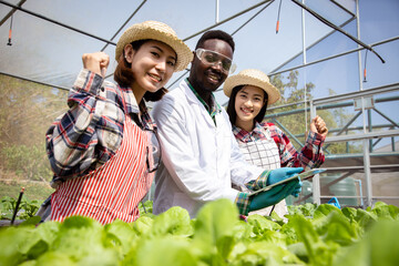 Teamwork of beautiful Asian woman with African American consult and plan for check quality of butterhead Lettuce before harvesting via tablet at organic farm. hydroponic fresh vegetables produce
