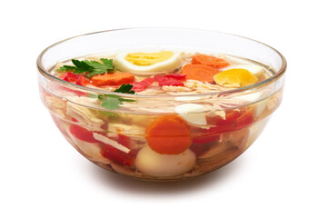 Delicious chicken aspic in glass bowl isolated on white background