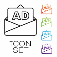 Black line Advertising icon isolated on white background. Concept of marketing and promotion process. Responsive ads. Social media advertising. Set icons colorful. Vector